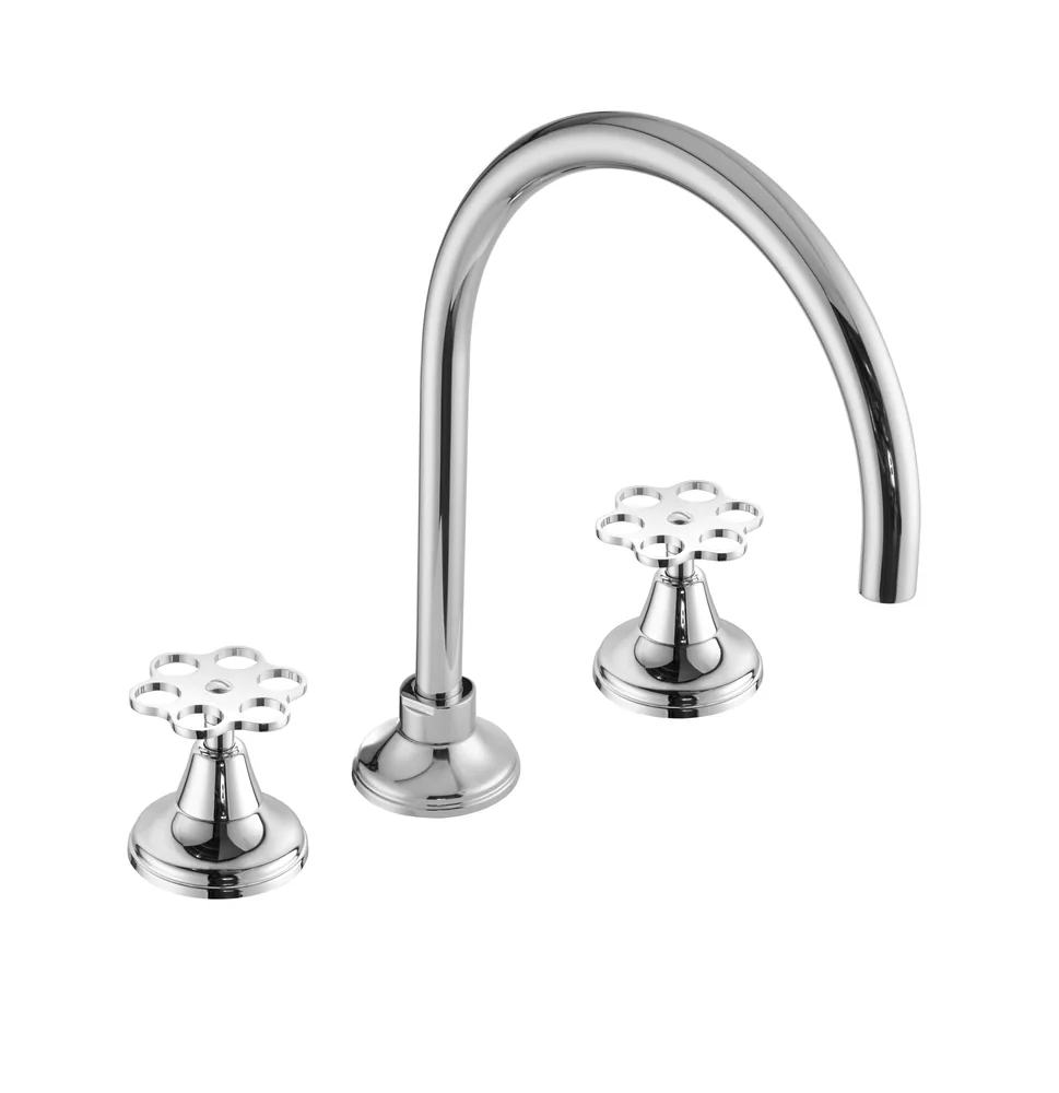 Batería lavabo caño central, volante flor turquesa